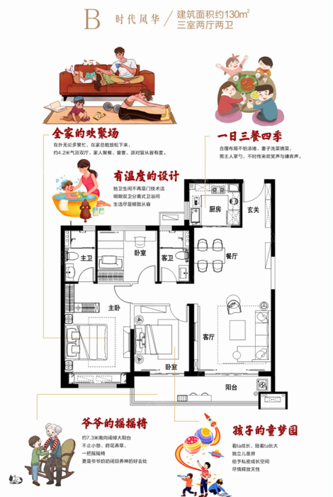 碧桂园翡翠时代b户型-3室2厅2卫-130.0㎡