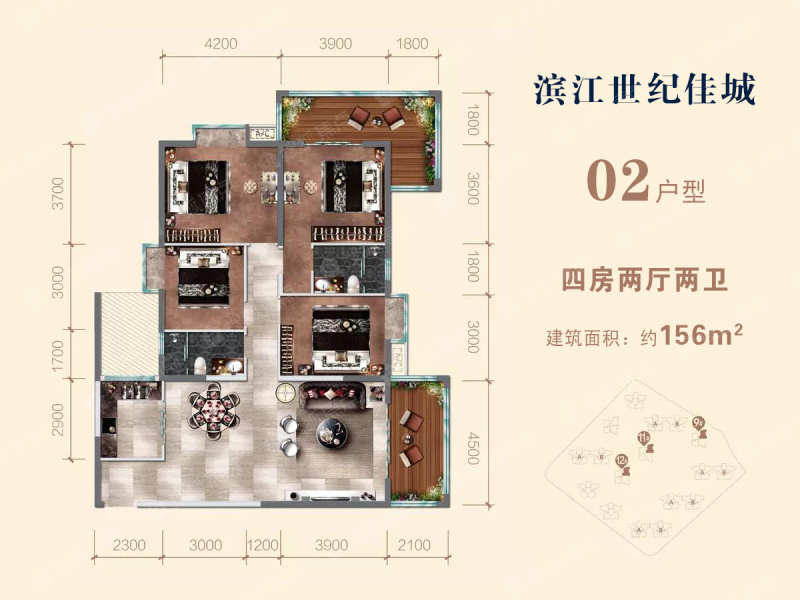 建筑面积约156平 四房两厅_滨江世纪佳城北区户型图-海口搜狐焦点网