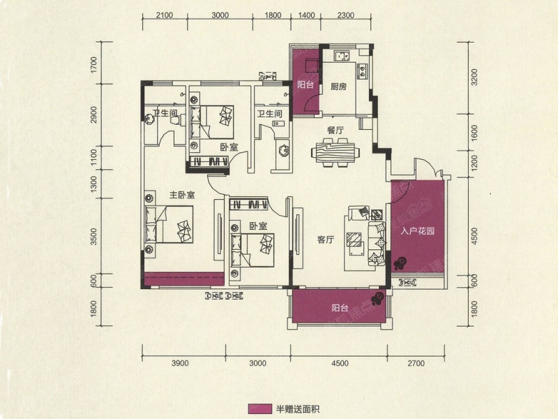 鑫远和城-j1户型图-约145.78平-三室两厅两卫一花园-3室2厅2卫-145.