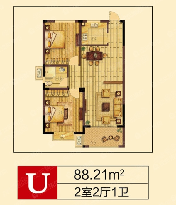 上海花园21#楼u户型图-2室2厅1卫-88.2㎡