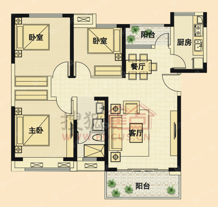 美景鸿城11#12#三室两厅一卫115平米c-3(1)户型-3室2厅1卫-115.0㎡