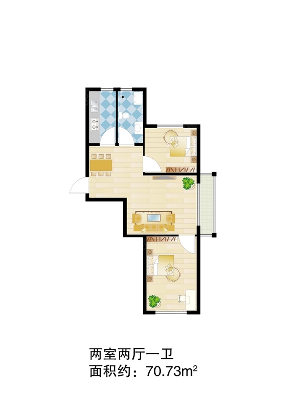 70.73平方米-2室1厅1卫-70.7㎡