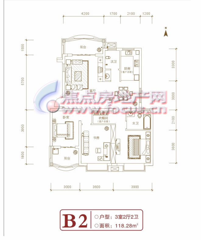 枫华府第b2三室二厅二卫118.28平米户型