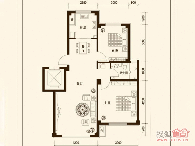 鼎盛佳苑之琥珀城c2户型2室2厅1卫1厨_鼎盛佳苑之琥珀城户型图-大连