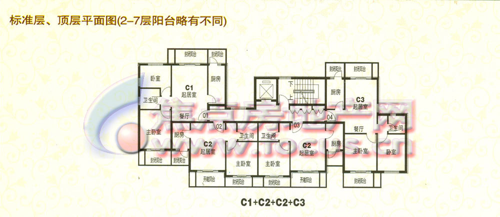 金秋新苑c户型组合(11层小高层)标准层,顶层(2-7层阳台略有不同)-0室0