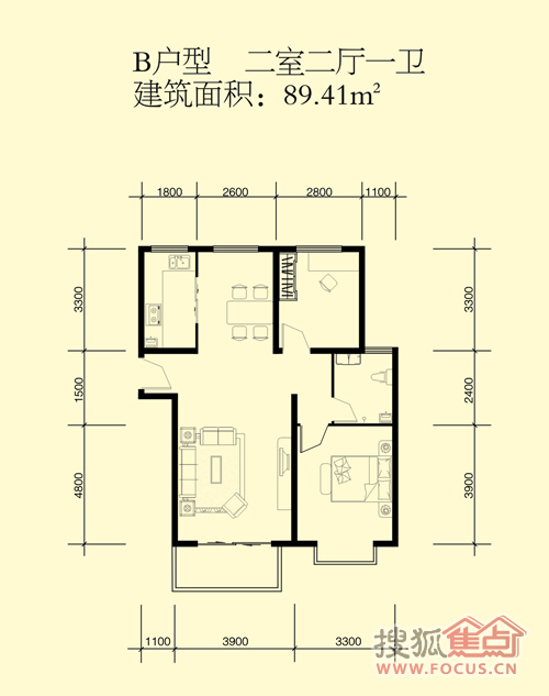 尚城丽都两室两厅一卫89.41平米b