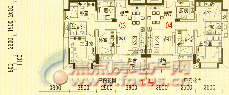 凤馨苑四期洋房21号楼9,11号1-11层03,04单位81.2㎡二房二厅户型