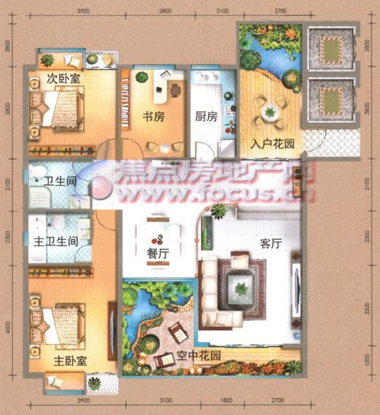 城市理想3室2厅2卫 入户花园 l型空中花园155.26平米3d