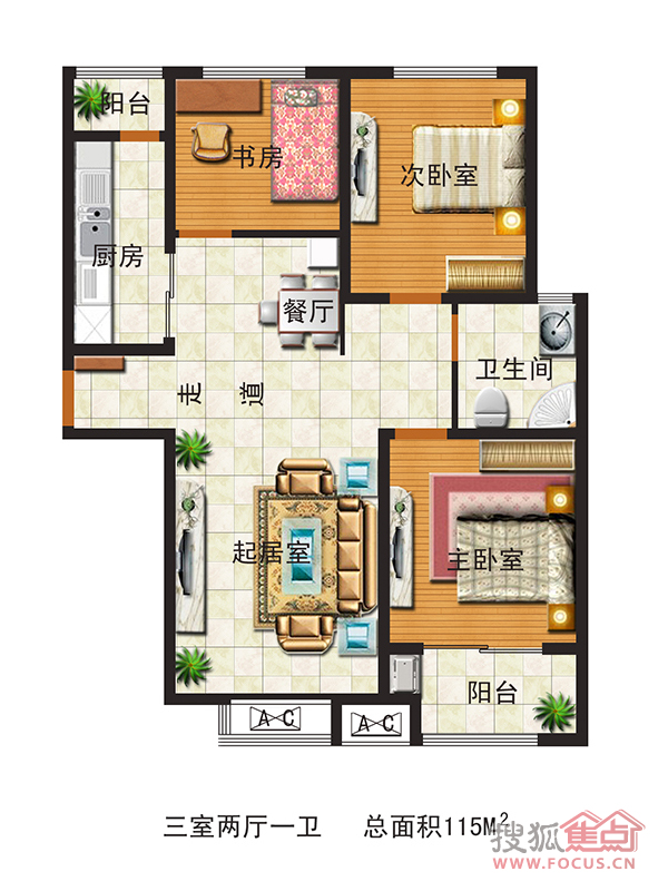 水韵华府115㎡三室两厅一卫_水韵华府户型图-潍坊搜狐焦点网