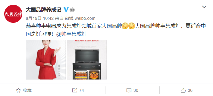 行业排名前列!帅丰集成灶成为CCTV大国品牌