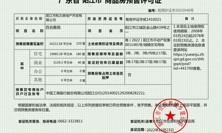 阳江百合雅苑楼盘证照
