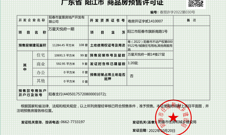 万星·天悦府楼盘证照