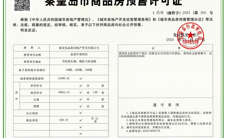 品泰·学苑府楼盘证照