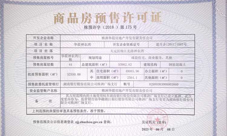 华晨神农湾楼盘证照