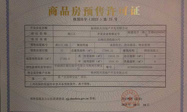 湘江汇楼盘证照