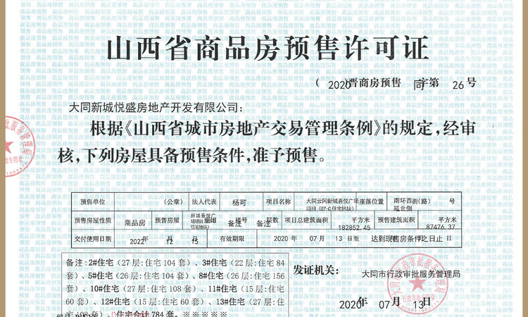 大同吾悦华府楼盘证照