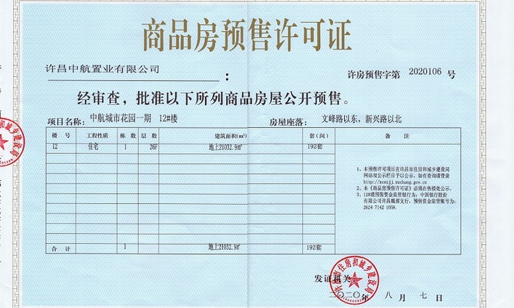 中航文峰上城楼盘证照