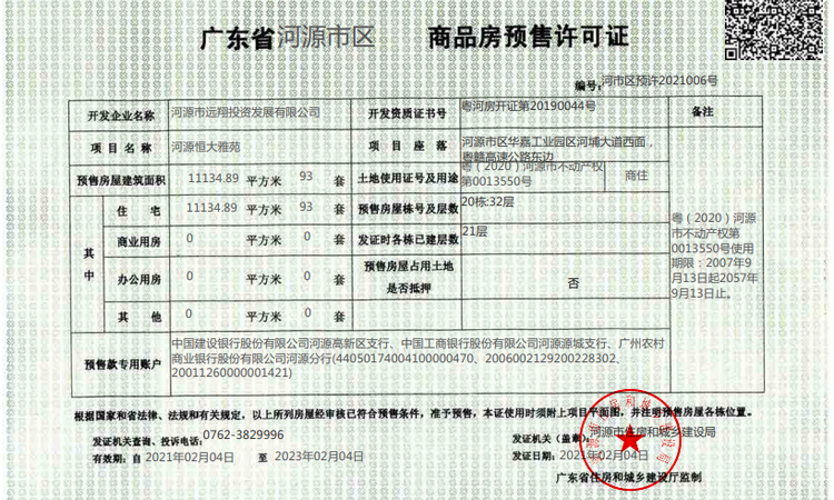 恒大雅苑楼盘证照