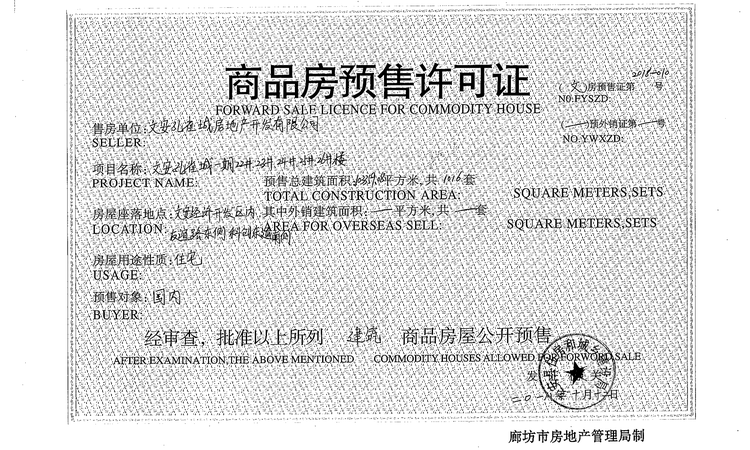 文安孔雀城御湖上院楼盘证照