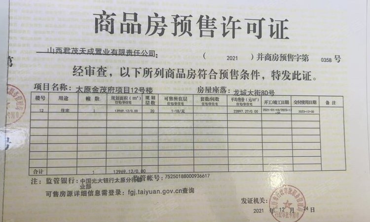 龙城金茂府楼盘证照