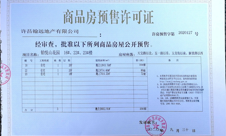 隆基泰和铂悦山楼盘证照