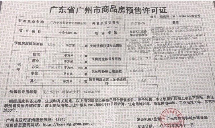 中冶·逸璟广场楼盘证照
