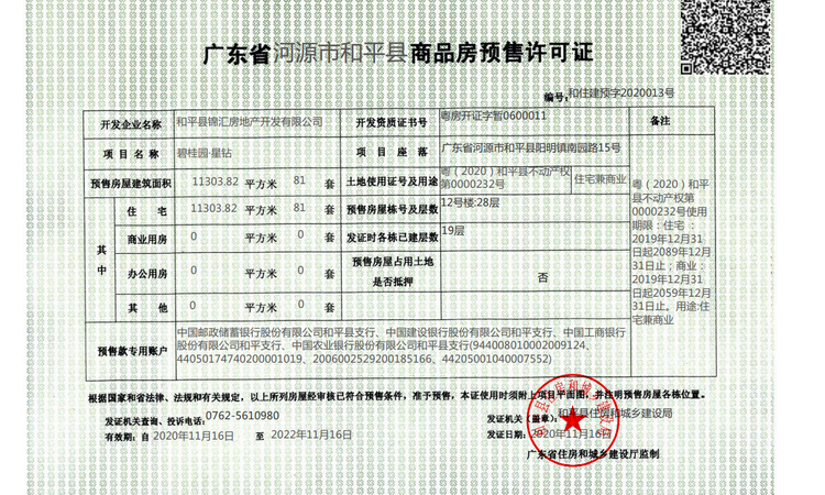 和平碧桂园星钻楼盘证照