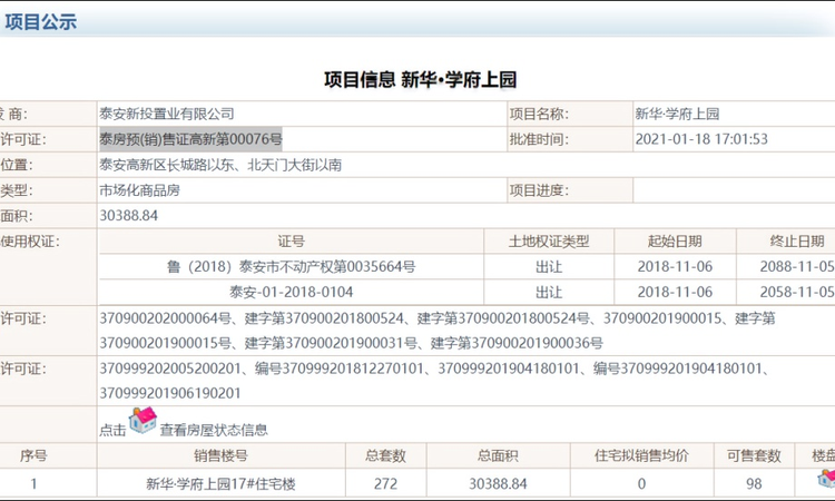 新华·御湖庄园楼盘证照