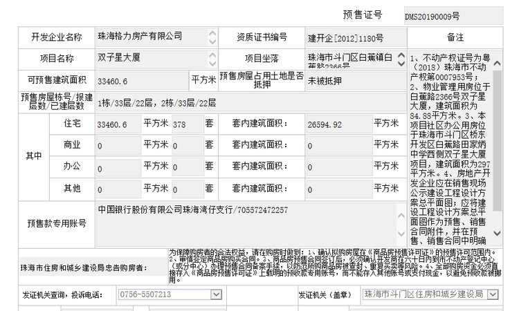 格力·双子星楼盘证照
