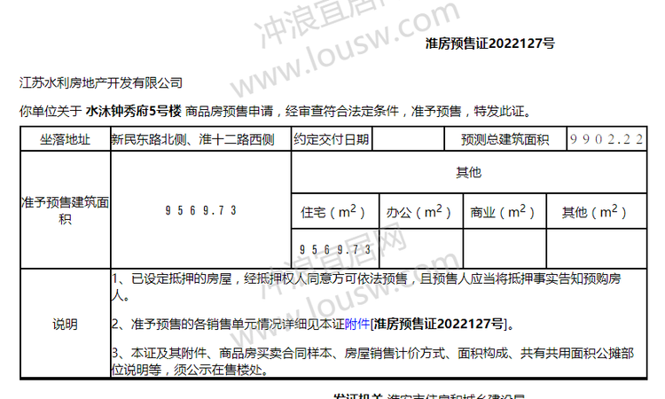 水沐钟秀府楼盘证照