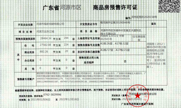 万达东江城楼盘证照