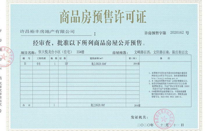 许昌恒大悦龙台楼盘证照