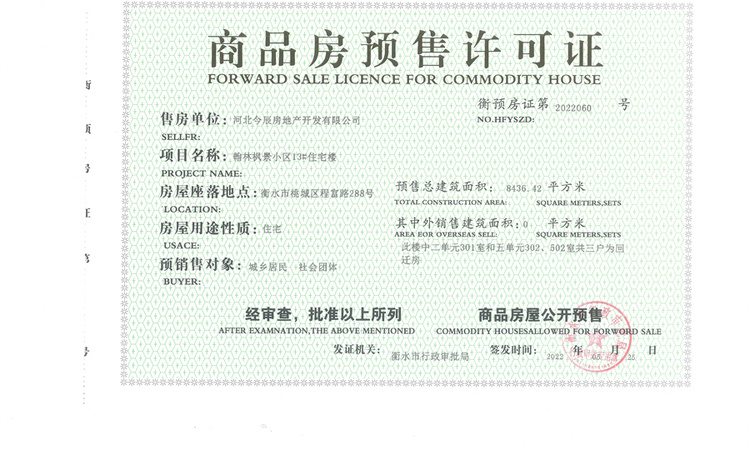 翰林枫景楼盘证照