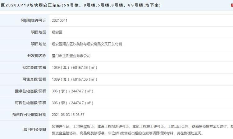 翔安正荣府楼盘证照