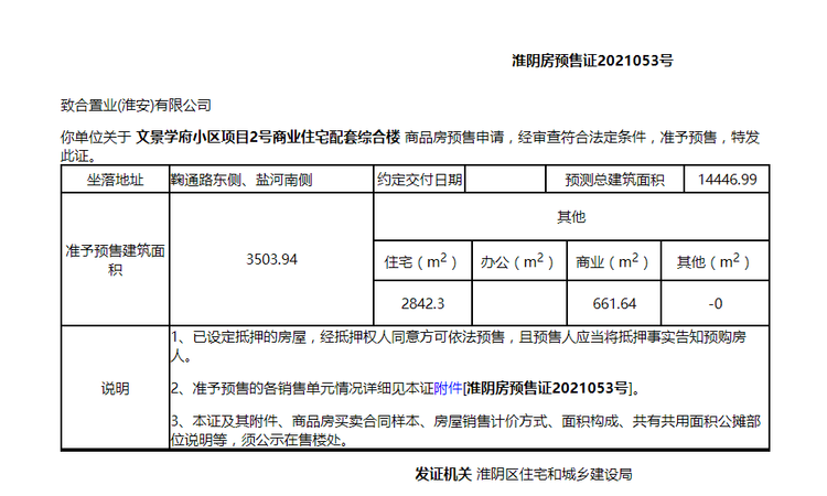 文景学府楼盘证照