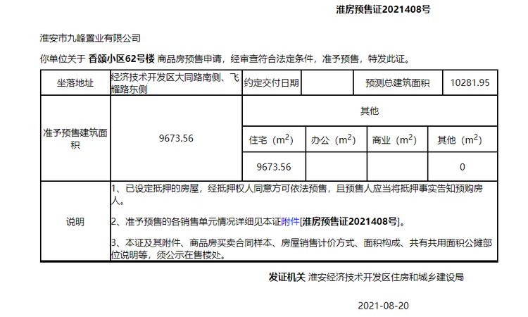 绿地九里香颂楼盘证照