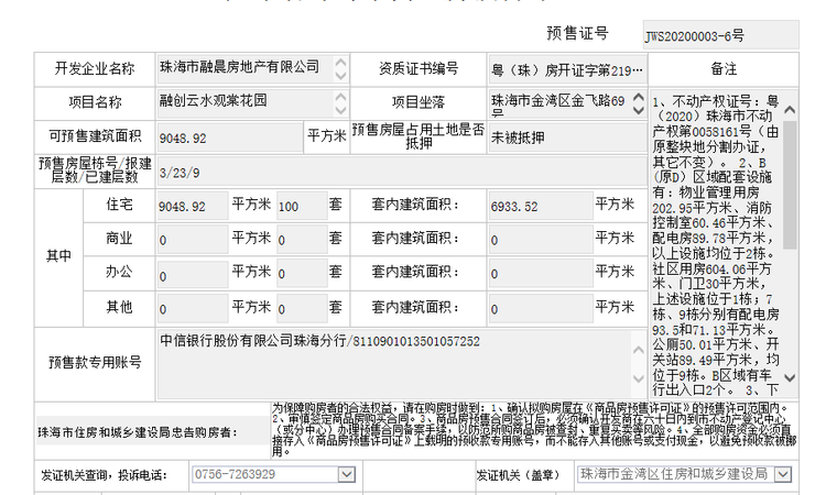 融创云水观棠花园楼盘证照