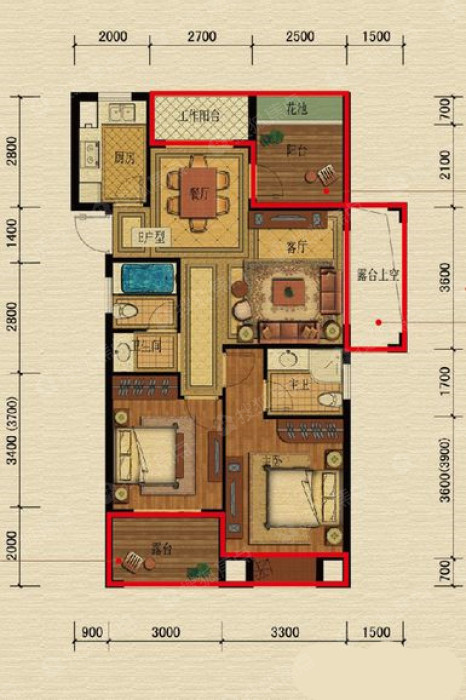 边套e户型建筑面积约89-3室2厅2卫-89.0㎡