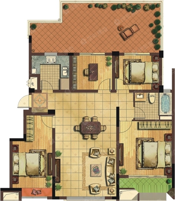 洋房顶楼户型-4室2厅1卫-111.0㎡