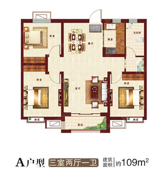 滏阳公馆a户型 三室两厅一卫 109㎡_滏阳公馆户型图-衡水搜狐焦点网