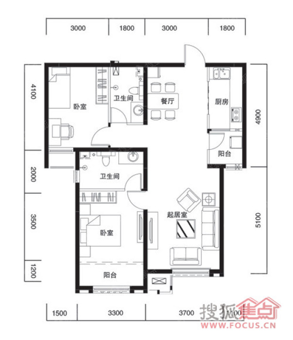两室两厅两卫106.51平米户型-2室2厅2卫-106.5㎡