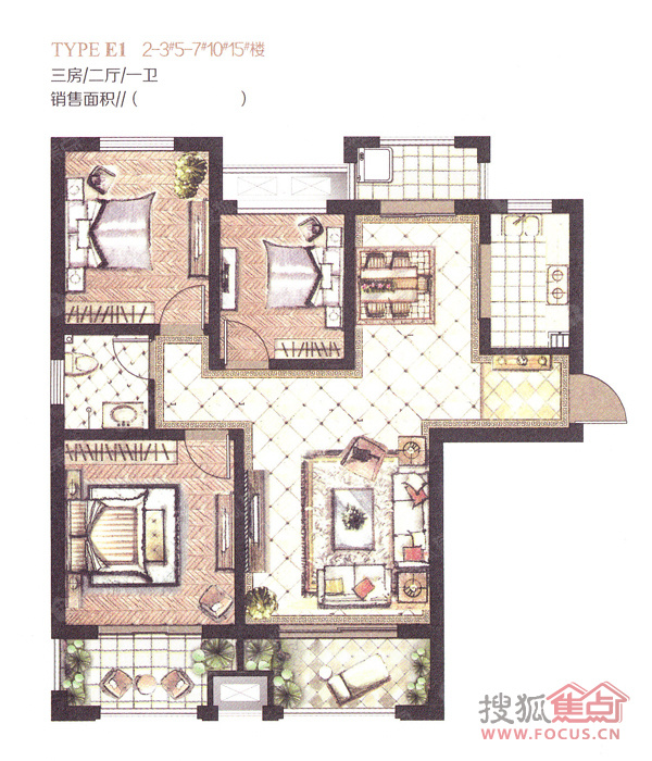 康桥溪月e1户型三房两厅一卫