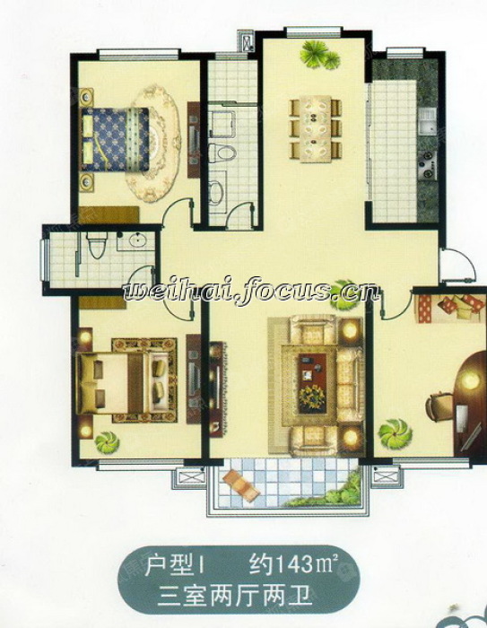 丽景馨城三室两厅两卫户型i约143㎡户型_丽景馨城户型图-威海搜狐焦点