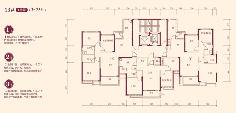 恒大珺庭13#1建筑面积136.82平米三居_恒大珺