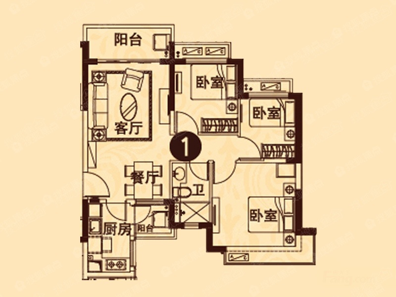 恒大城1#楼01室户型3室2厅1卫1厨 92.49㎡-3室2厅1卫-92.5㎡