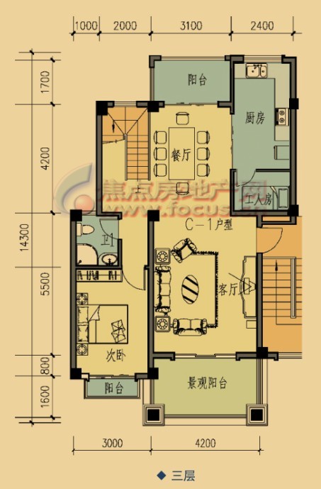 四阳台双屋顶花园c2户型(共三层)三层_果林溪谷户型图-昆明搜狐焦点网